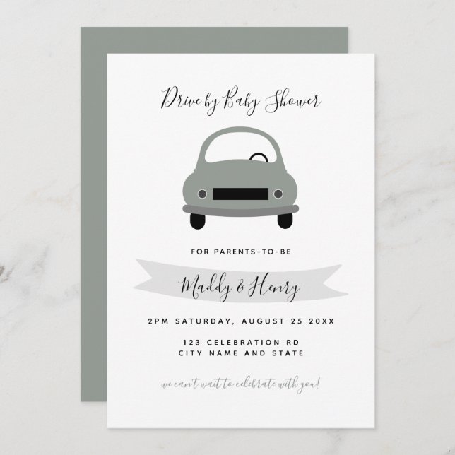 Drive by neutral boy baby shower green grey invitation (Front/Back)