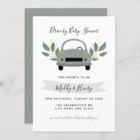 Drive by neutral boy baby shower greenery grey