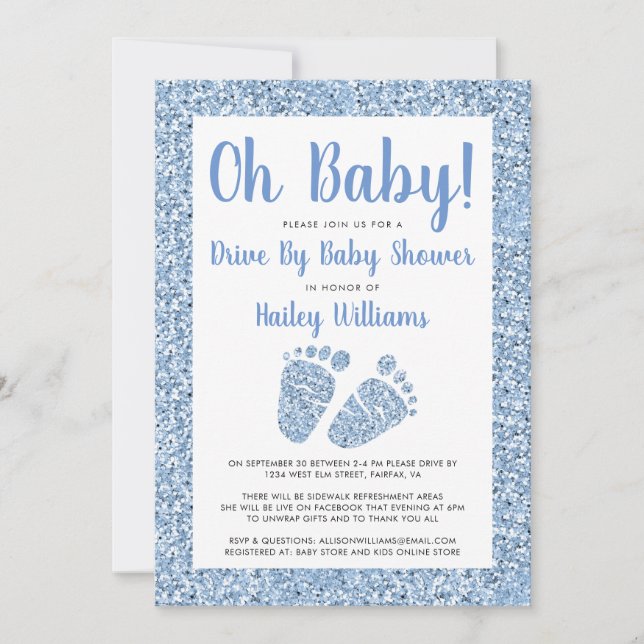 Drive By Oh Baby Blue Glitter Feet Baby Shower Invitation (Front)