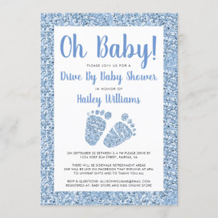 Drive By Oh Baby Blue Glitter Feet Baby Shower Invitation