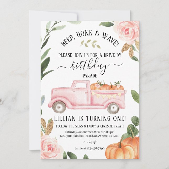 Drive By Pumpkin Birthday Invitation (Front)