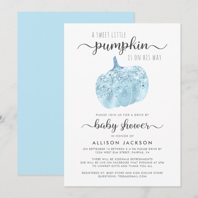 Drive By Pumpkin Blue Glitter Sparkle Baby Shower Invitation (Front/Back)