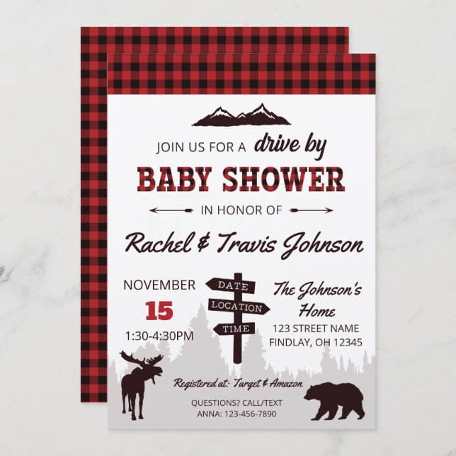 Drive By Red Buffalo Plaid Baby Shower Invitation (Front/Back)