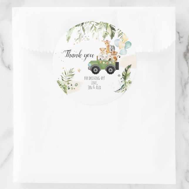 Drive-by Safari Baby Animals Baby Shower Classic Round Sticker (Bag)
