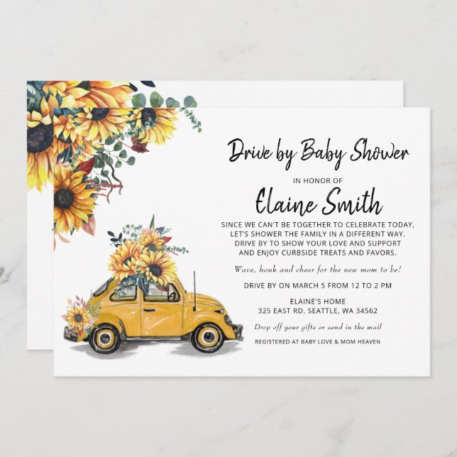 Drive By Sunflower Gender Neutral Baby Shower Invitation (Front/Back)
