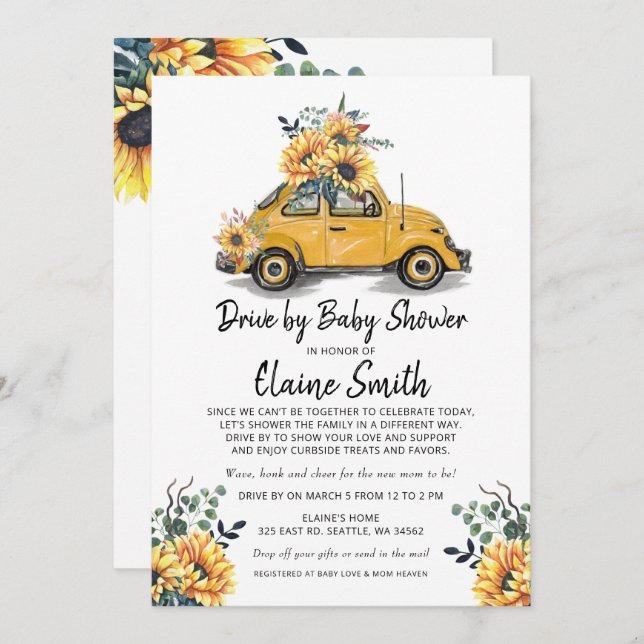 Drive By Sunflower Gender Neutral Baby Shower Invitation (Front/Back)