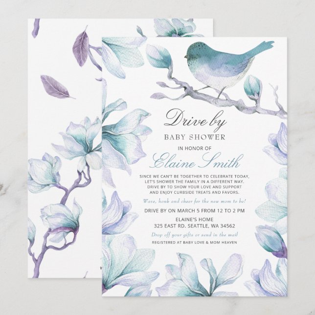Drive by Sweet Bird Blue Floral Boy Baby Shower Invitation (Front/Back)