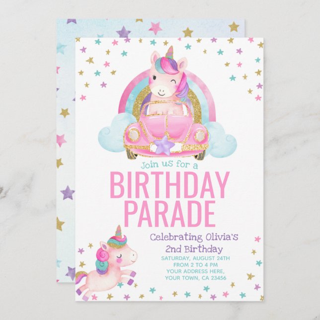 Drive By Unicorn Birthday Invitation (Front/Back)