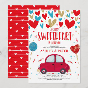 Drive By Valentine Baby Shower Sweetheart Red Blue Invitation