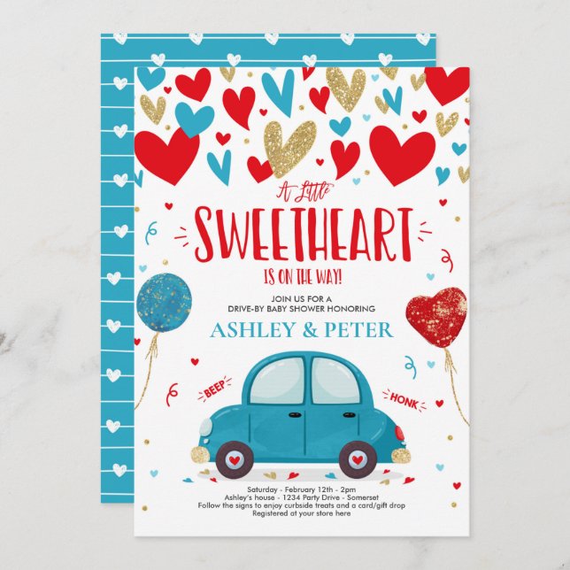 Drive By Valentine Baby Shower Sweetheart Red Blue Invitation (Front/Back)