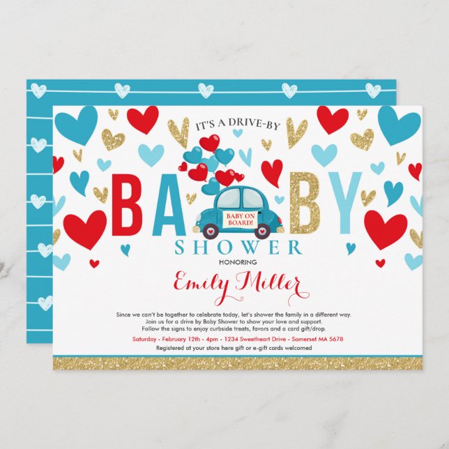 Drive By Valentine Baby Shower Sweetheart Red Blue Invitation (Front/Back)