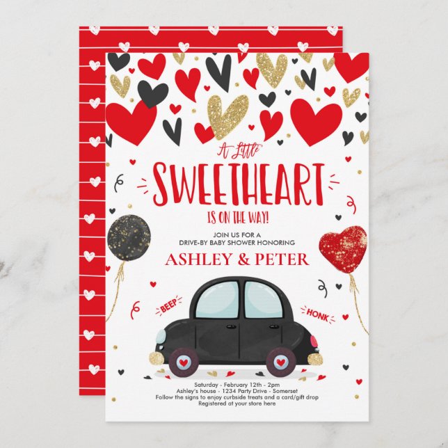 Drive By Valentine Baby Shower Sweetheart Red Gold Invitation (Front/Back)