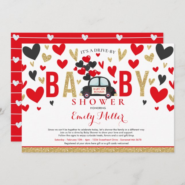 Drive By Valentine Baby Shower Sweetheart Red Gold Invitation (Front/Back)