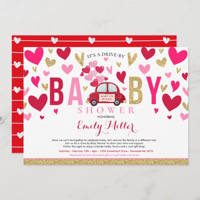 Drive By Valentine Baby Shower Sweetheart Red Pink Invitation (Front/Back)