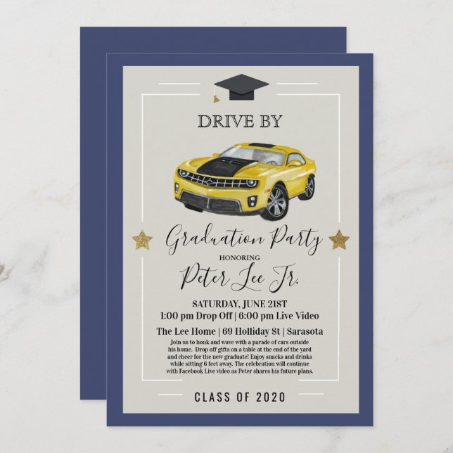 Drive By Virtual Male Graduation Party Invitation (Front/Back)