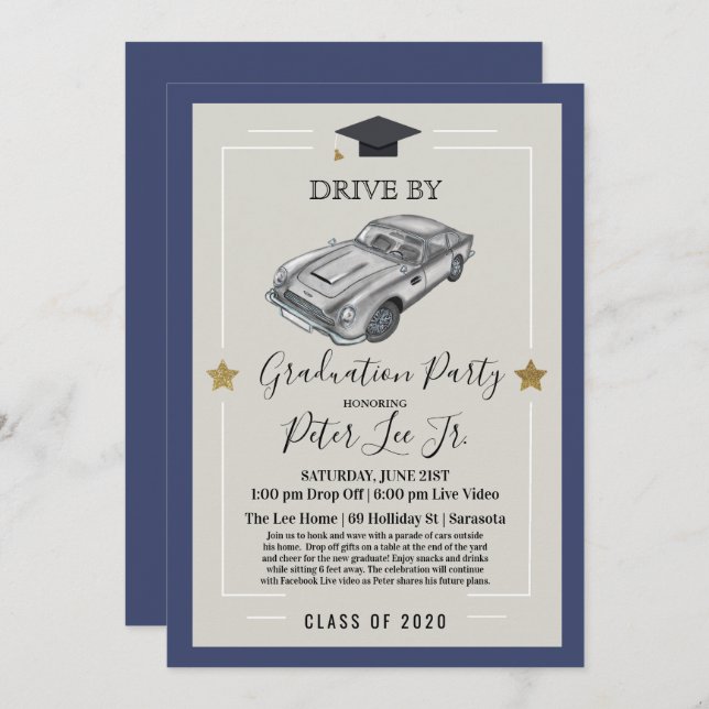 Drive By Virtual Male Graduation Party Invitation (Front/Back)