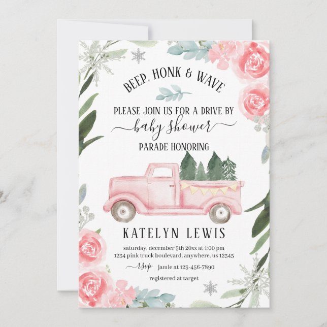 Drive By Winter Baby Shower Invitation with Truck (Front)