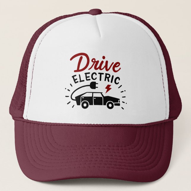Drive Electric Red Black Automobile  Trucker Hat (Front)