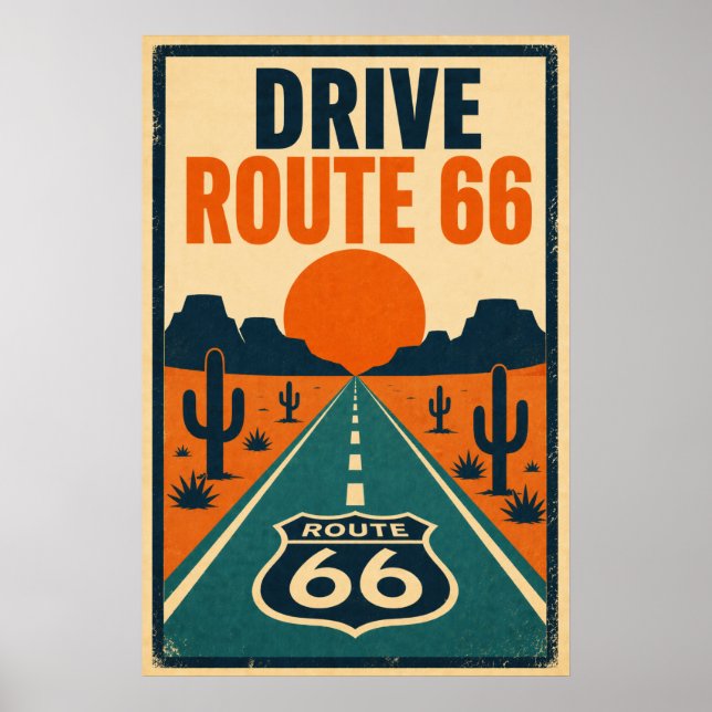 Drive Route 66 Desert Litho Poster (Front)