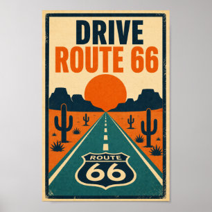 Drive Route 66 Desert Litho Poster