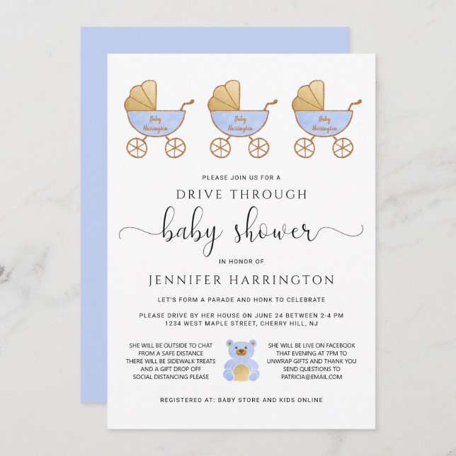 Drive Through Baby Boy Shower Retro Carriage Blue Invitation (Front/Back)
