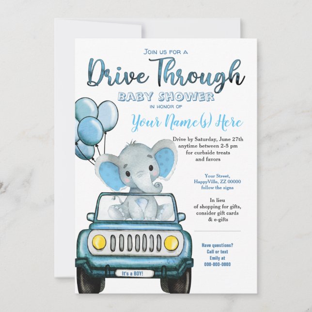 Drive Through Baby Shower Elephant in Car Invitation (Front)