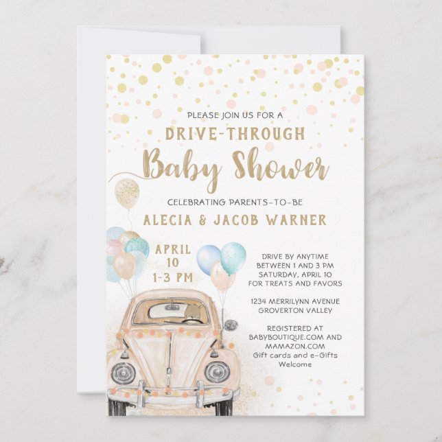 Drive Through Baby Shower Pink Gold Peach Car Invitation (Front)