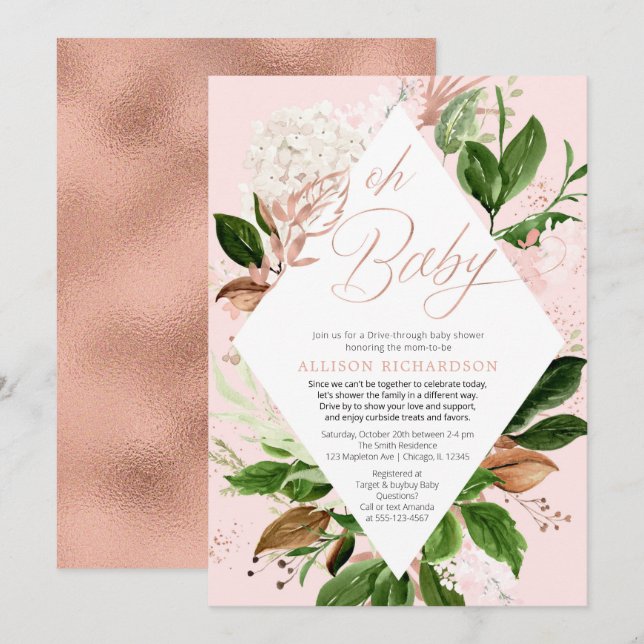 Drive-through rose gold greenery girl baby shower invitation (Front/Back)