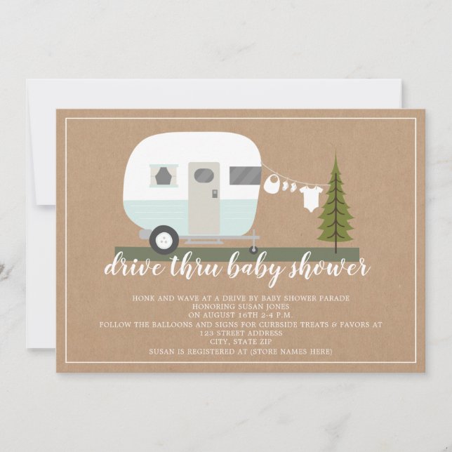 Drive Thru Baby Shower Blue Camper Woodland Invitation (Front)