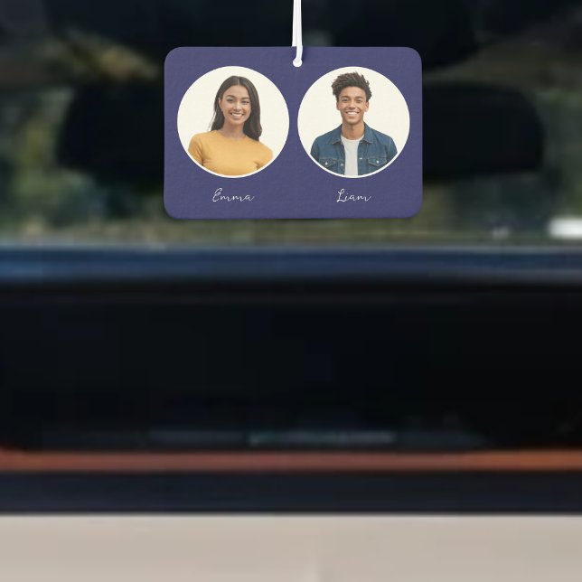 Driver and Partner Photos Names Reversible Custom Car Air Freshener (A custom car air freshener with photos of the driver and partner in circles, personalized with names)