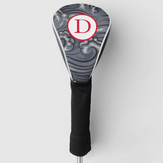 DRIVER GOLF HEAD COVER JAPANESE WAVES DIY INITIAL  (Front)