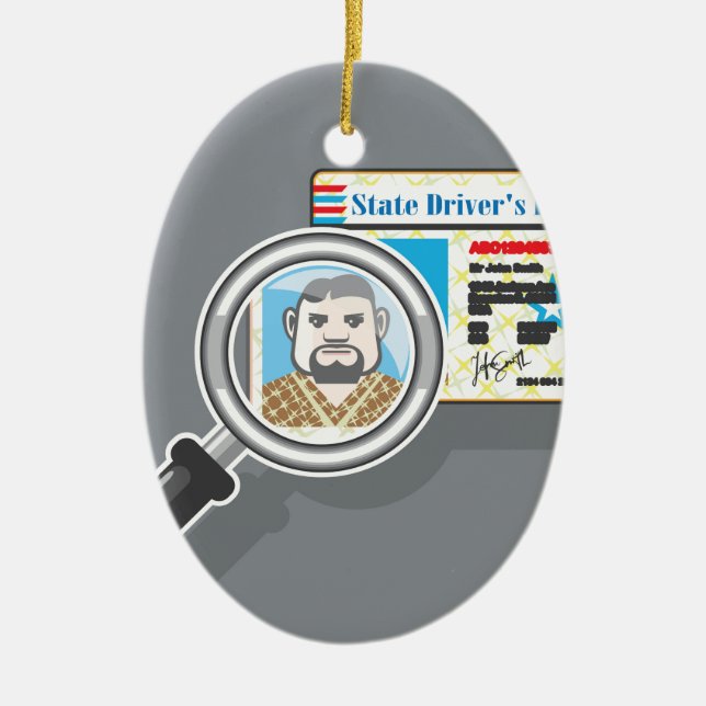 Driver's License under Magnifying glass Ceramic Tree Decoration (Front)