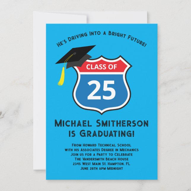 Driving Car Mechanic Graduation Party Invitation (Front)