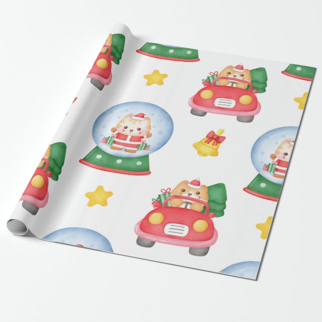 Driving Cat and Snow globe Christmas Wrapping Paper (Unrolled)