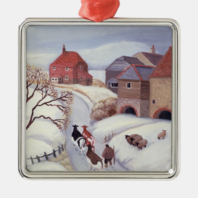 Driving Cows home in the Snow Metal Ornament (Front)