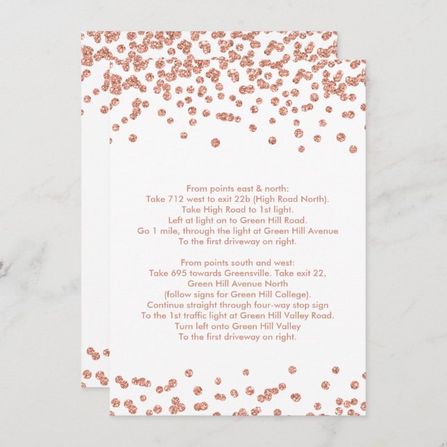 Driving Directions Rose Gold Glitter Confetti Invitation (Front/Back)