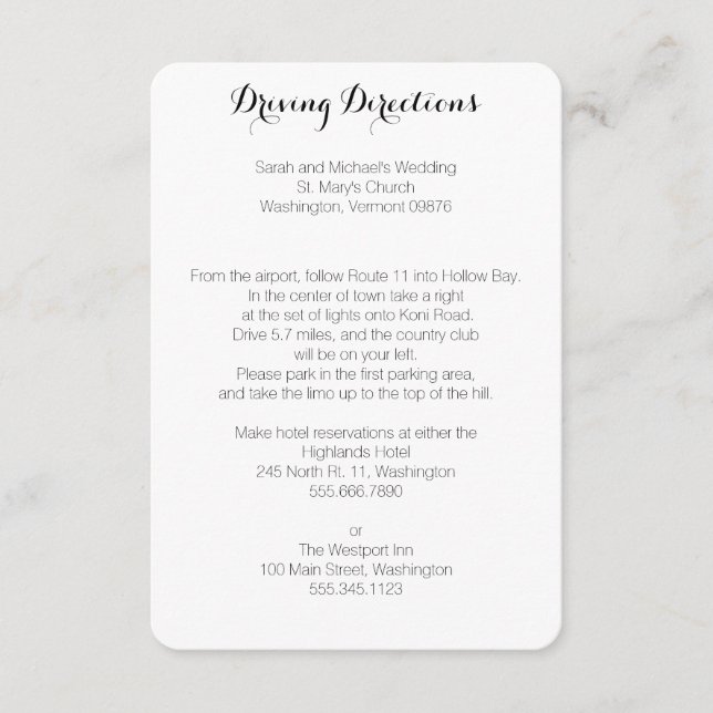 Driving Directions Wedding Enclosure Cards (Front)