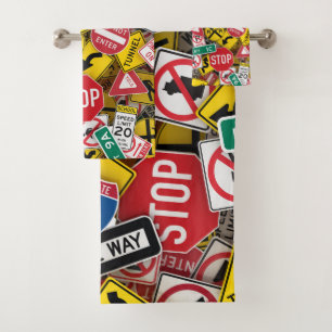 Driving Instructor Fun Road Sign Collage Bath Towel Set