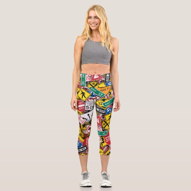 Driving Instructor Fun Road Sign Collage Capri Leggings (Front)