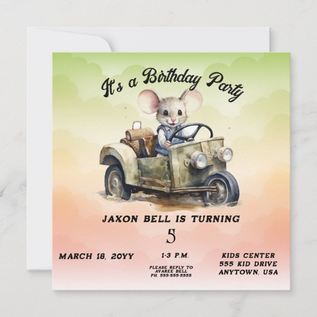 Driving Mouse Boy 5 Year Old Birthday Invitation (Front)