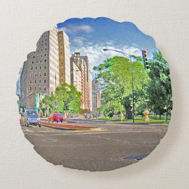 Driving Through Lincoln Avenue Round Cushion (Front)