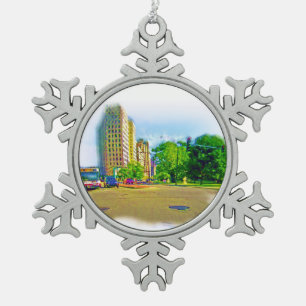 Driving Through Lincoln Avenue Snowflake Pewter Christmas Ornament