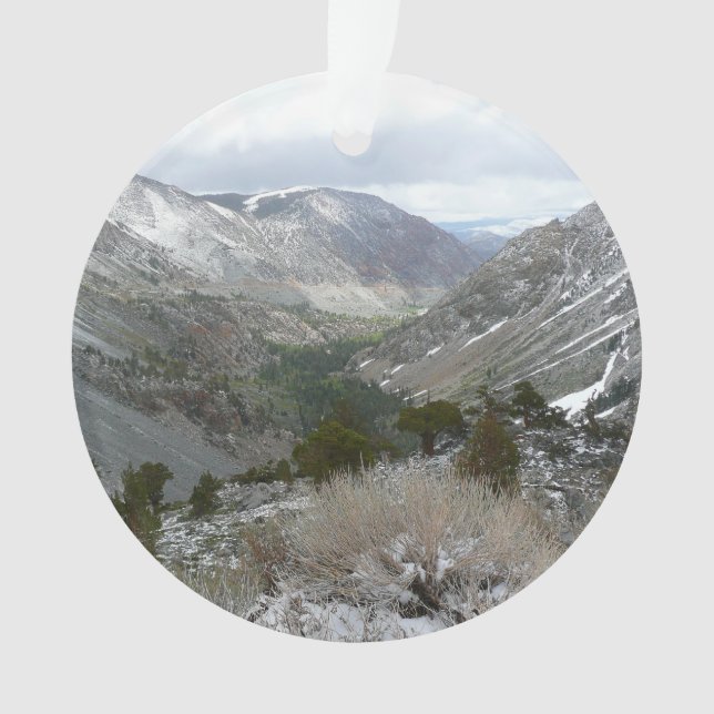 Driving Through the Snowy Sierra Nevada Mountains Ornament (Front)