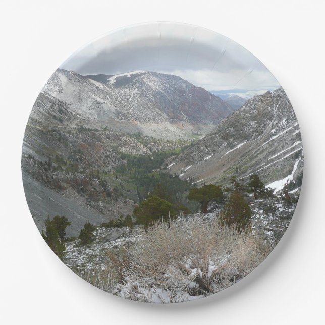 Driving Through the Snowy Sierra Nevada Mountains Paper Plate (Front)