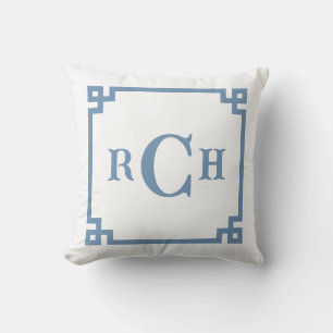 Drizzle Blue Chinoiserie Greek Key Monogram Cushion