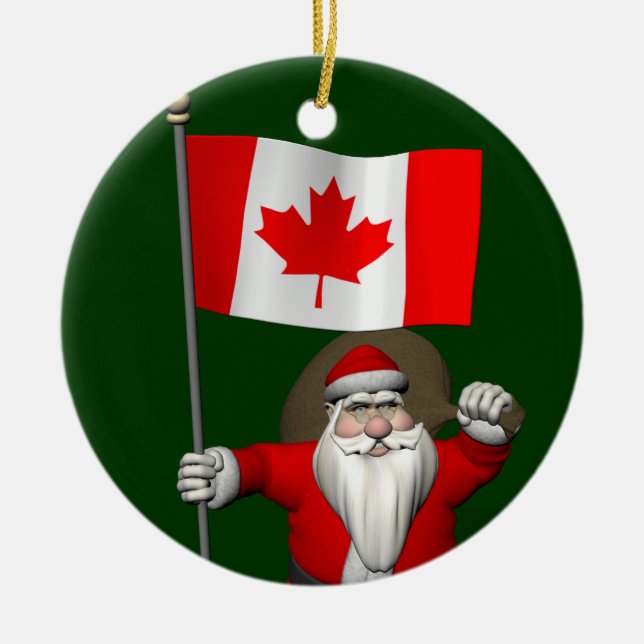 Droll Santa Claus With Maple Leaf Flag Ceramic Tree Decoration (Front)
