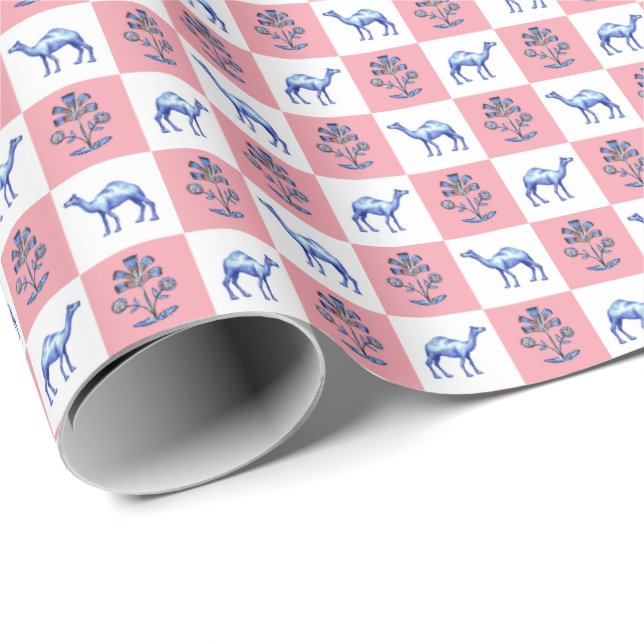 Dromedary Camels and Lotus Flower Block Print Wrapping Paper (Roll Corner)