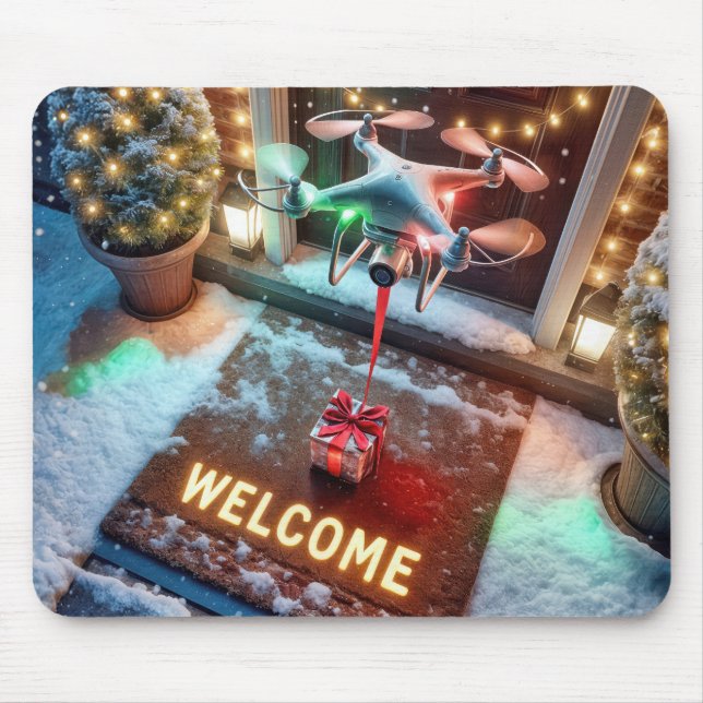 Drone Delivering a Christmas Gift Mouse Pad (Front)