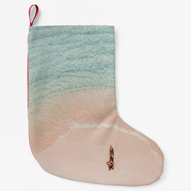 Drone View, Pink Beach Vacation. Small Christmas Stocking (Front)