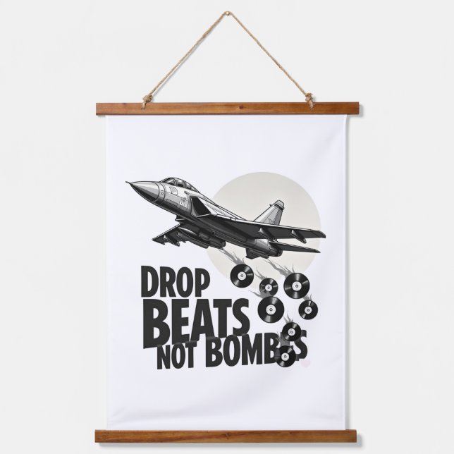 Drop Beats Not Bombs Fighter Jet Vinyl Hanging Tapestry (Front)